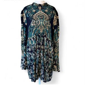 Free People Boho Tunic Dress Top Size L Navy Teal High Neck Open Back